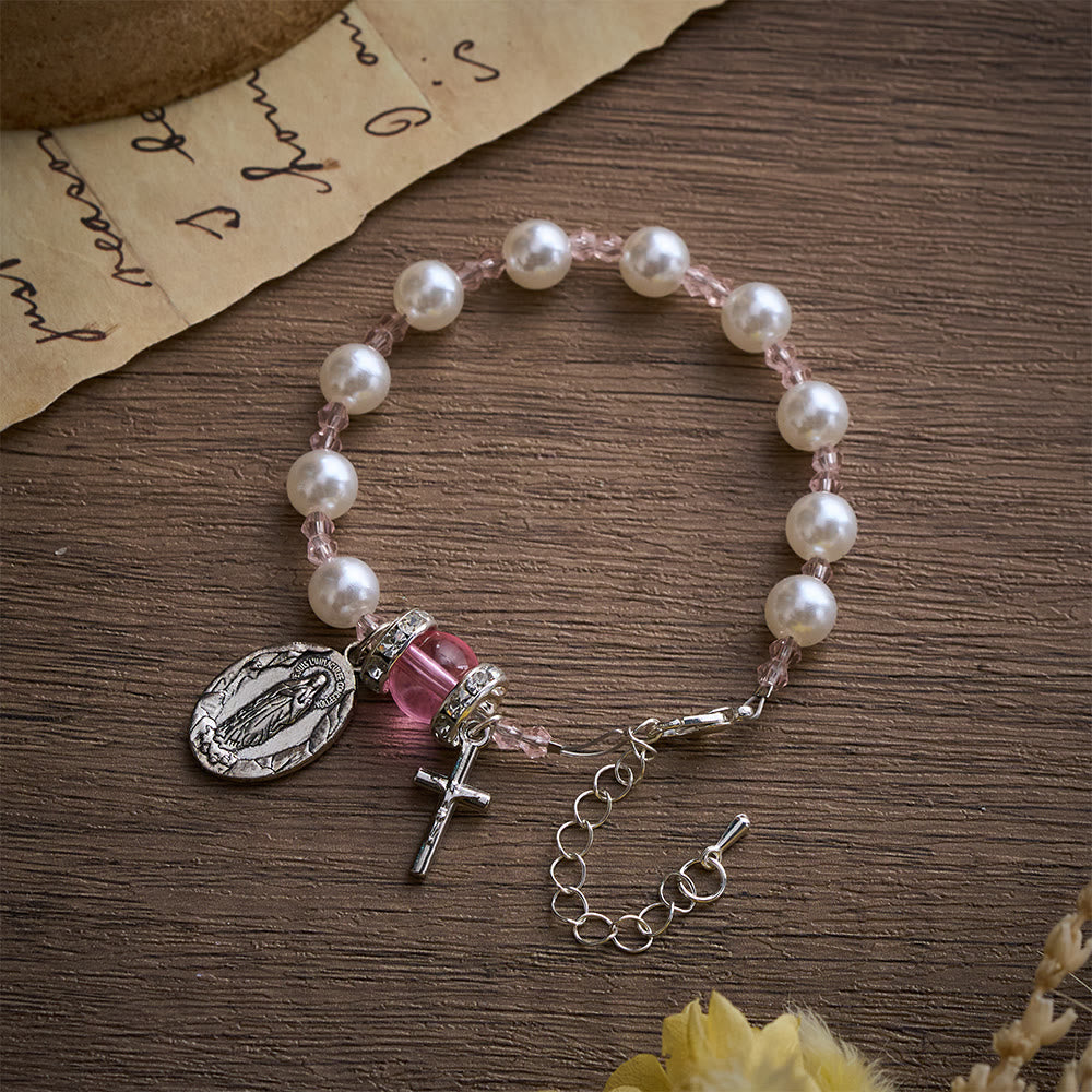Solacebeads Lustrous Bead Bracelet With Miraculous Medal &amp; Cross: Loom of Grace