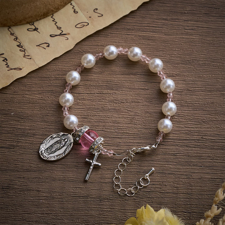 Solacebeads Lustrous Bead Bracelet With Miraculous Medal &amp; Cross: Loom of Grace