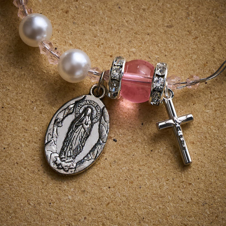 Solacebeads Lustrous Bead Bracelet With Miraculous Medal &amp; Cross: Loom of Grace