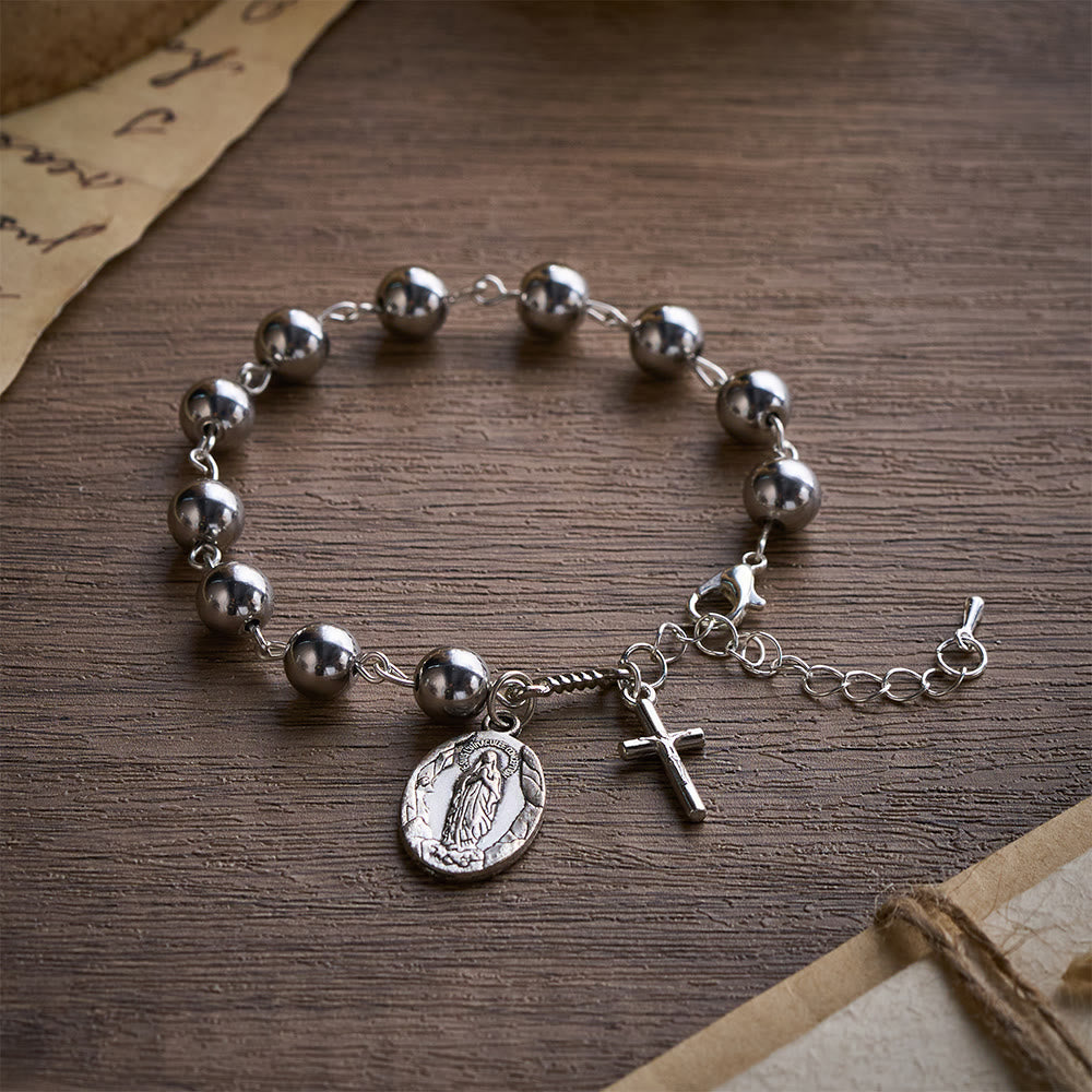 Solacebeads Steel Tone Alloy Bracelet With Miraculous Medal & Cross: Urban Faith And Strength