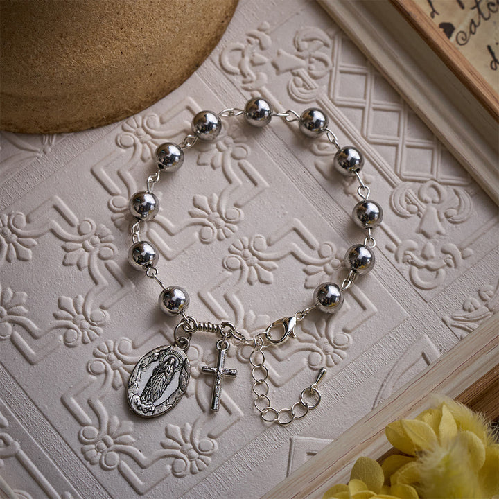Solacebeads Steel Tone Alloy Bracelet With Miraculous Medal &amp; Cross: Urban Faith And Strength