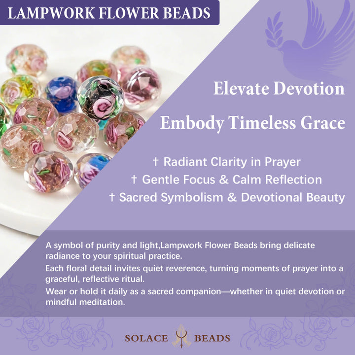 SolaceBeads White Floral Lampwork Glass Rosary: Grace With Gold Filigree &amp; Miraculous Medal