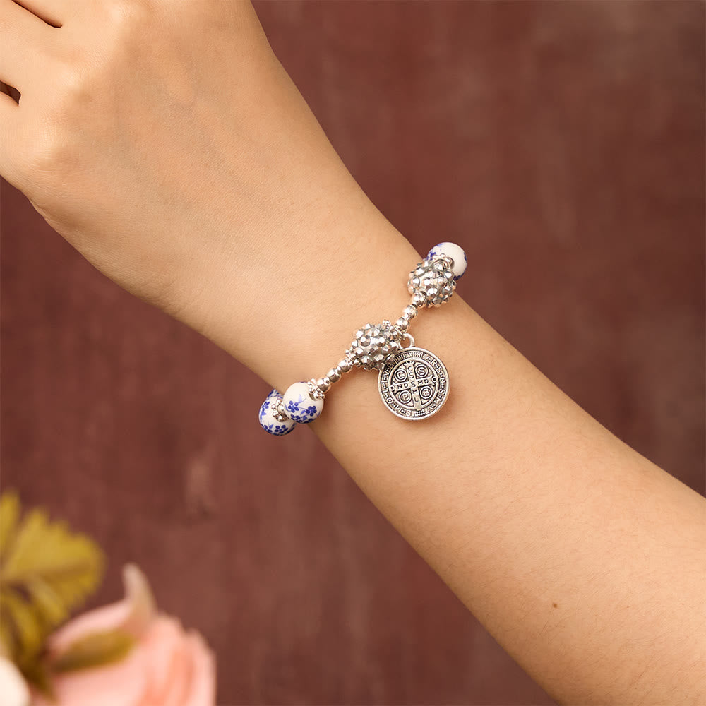 SolaceBeads Floral Ceramic Bracelet With Rhinestone Accents &amp; Benedict Medal: Timeless Devotion