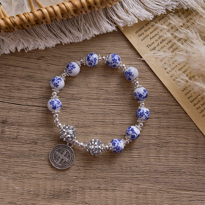 SolaceBeads Floral Ceramic Bracelet With Rhinestone Accents &amp; Benedict Medal: Timeless Devotion