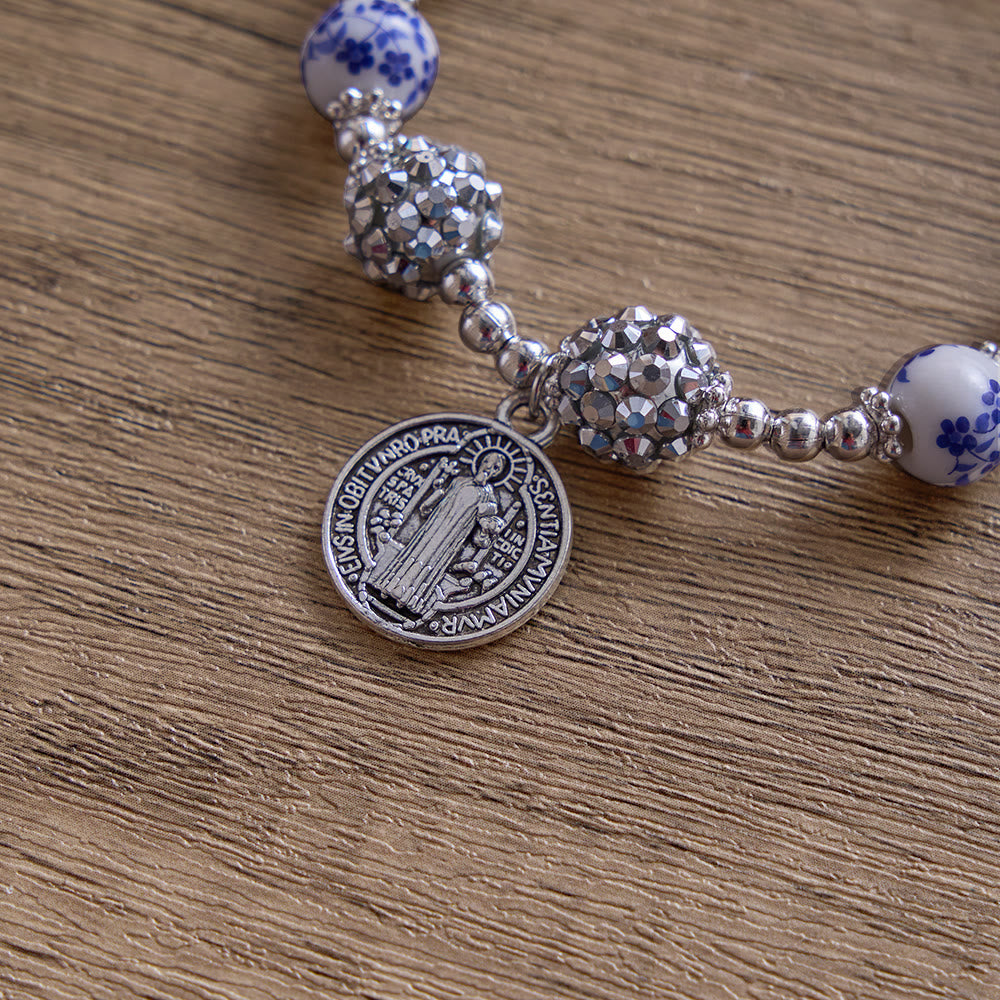 SolaceBeads Floral Ceramic Bracelet With Rhinestone Accents &amp; Benedict Medal: Timeless Devotion