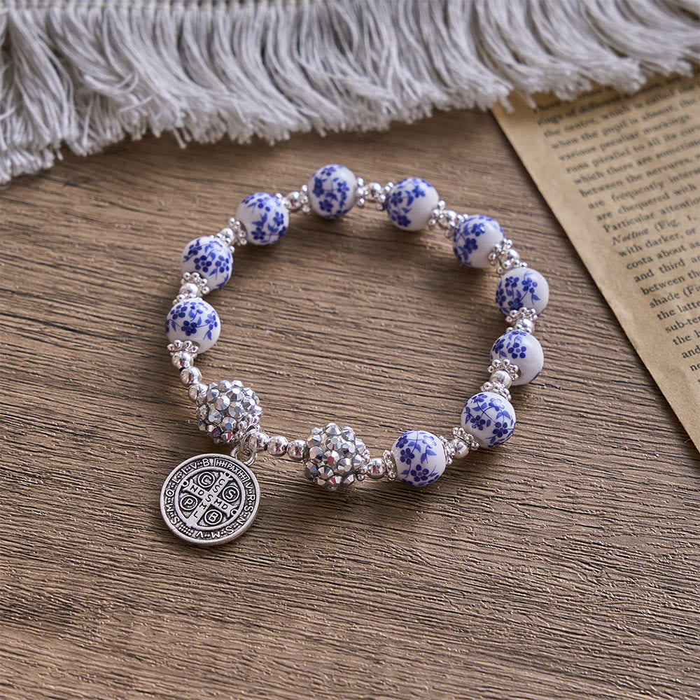 SolaceBeads Floral Ceramic Bracelet With Rhinestone Accents & Benedict Medal: Timeless Devotion