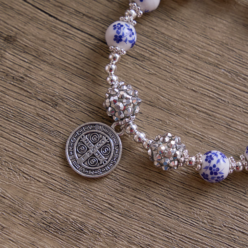 SolaceBeads Floral Ceramic Bracelet With Rhinestone Accents &amp; Benedict Medal: Timeless Devotion