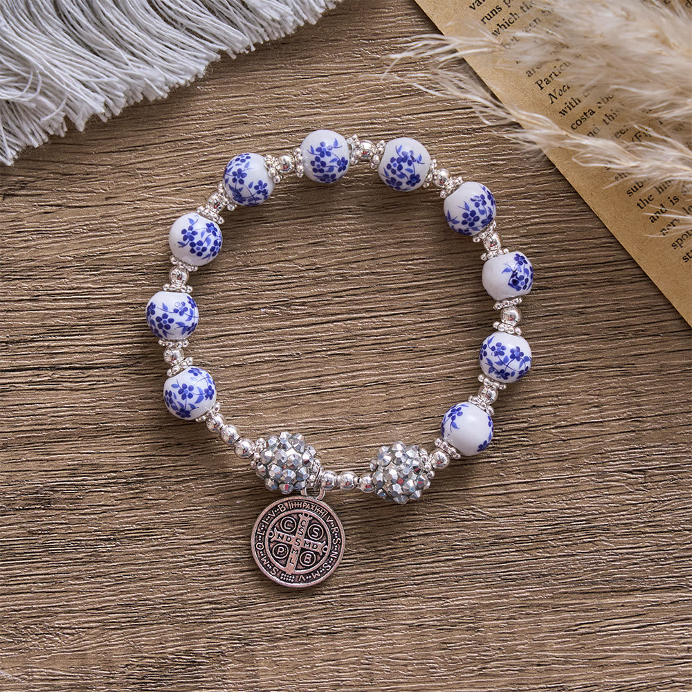 SolaceBeads Floral Ceramic Bracelet With Rhinestone Accents &amp; Benedict Medal: Timeless Devotion