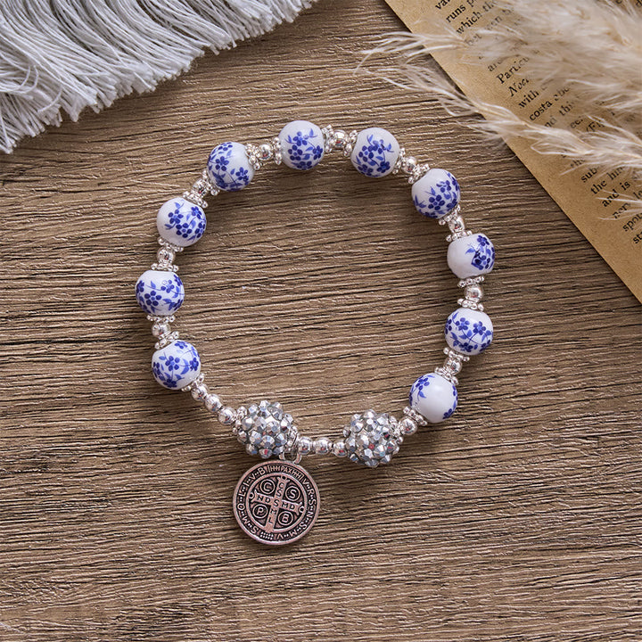 SolaceBeads Floral Ceramic Bracelet With Rhinestone Accents &amp; Benedict Medal: Timeless Devotion