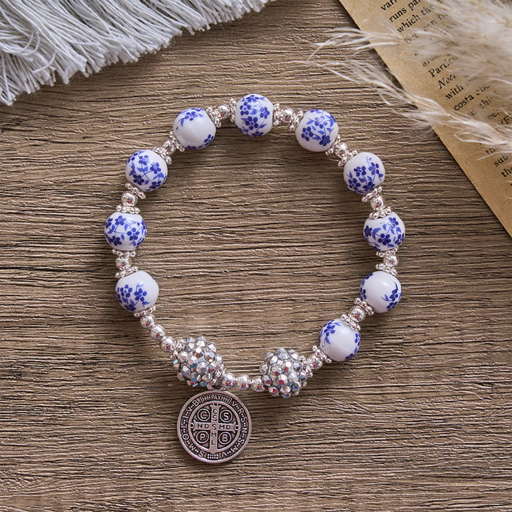 SolaceBeads Floral Ceramic Bracelet With Rhinestone Accents &amp; Benedict Medal: Timeless Devotion