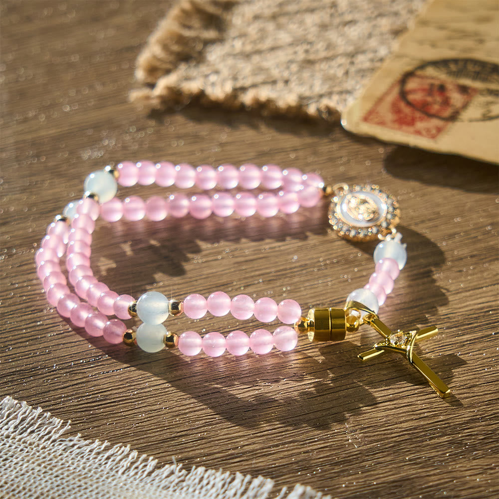 SolaceBeads Tender Heart Rosary Bracelet: Pink &amp; Ice Chalcedony with Miraculous Medal &amp; Cross