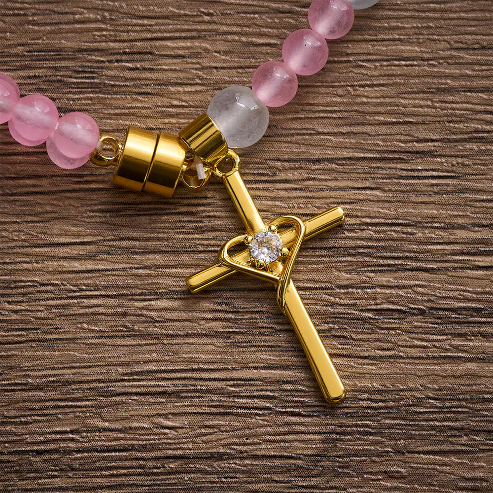 SolaceBeads Tender Heart Rosary Bracelet: Pink &amp; Ice Chalcedony with Miraculous Medal &amp; Cross