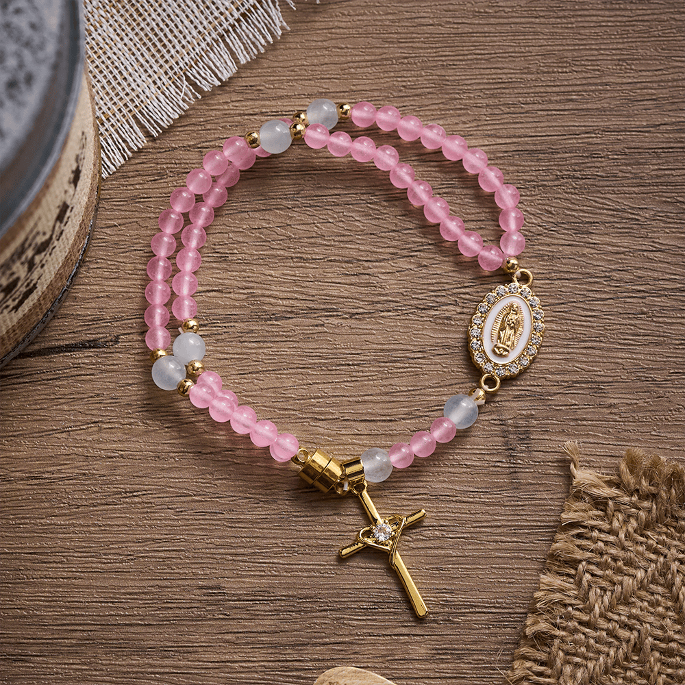 SolaceBeads Tender Heart Rosary Bracelet: Pink &amp; Ice Chalcedony with Miraculous Medal &amp; Cross