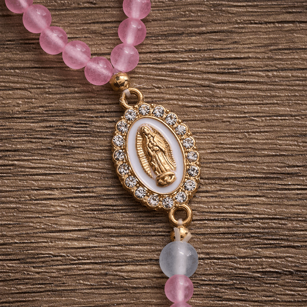 SolaceBeads Tender Heart Rosary Bracelet: Pink &amp; Ice Chalcedony with Miraculous Medal &amp; Cross