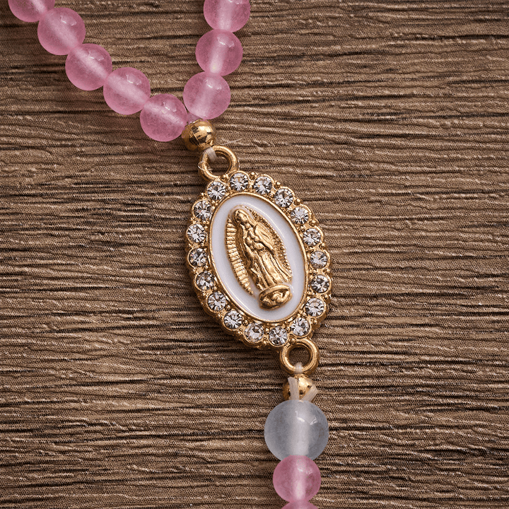 SolaceBeads Tender Heart Rosary Bracelet: Pink &amp; Ice Chalcedony with Miraculous Medal &amp; Cross