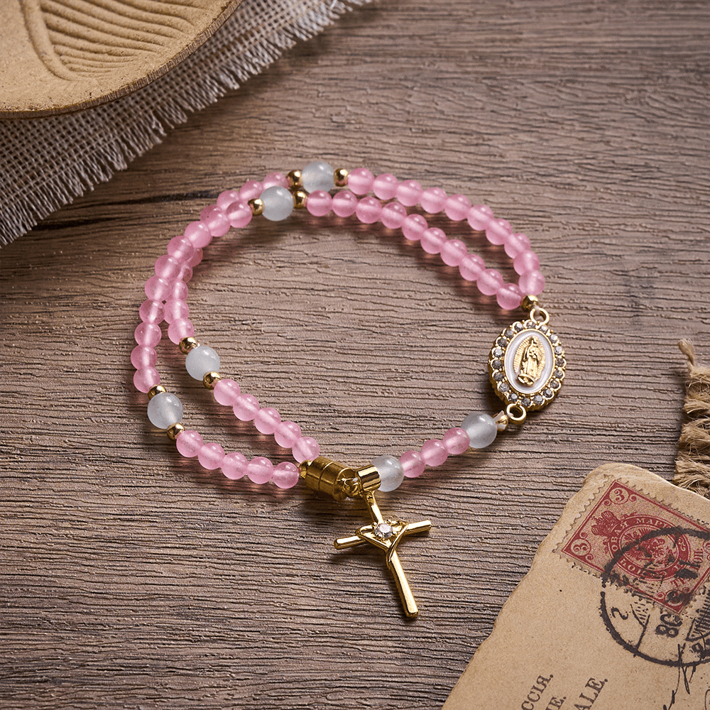 SolaceBeads Tender Heart Rosary Bracelet: Pink & Ice Chalcedony with Miraculous Medal & Cross