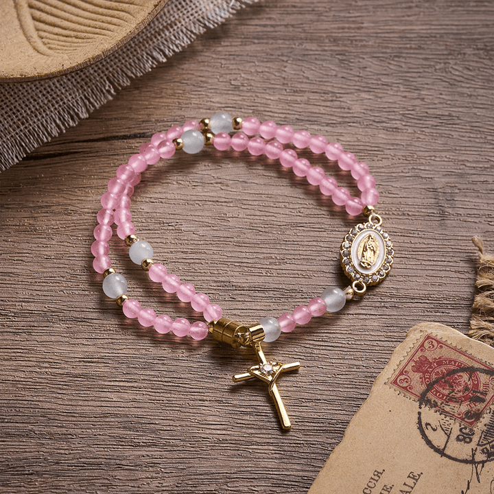 SolaceBeads Tender Heart Rosary Bracelet: Pink &amp; Ice Chalcedony with Miraculous Medal &amp; Cross
