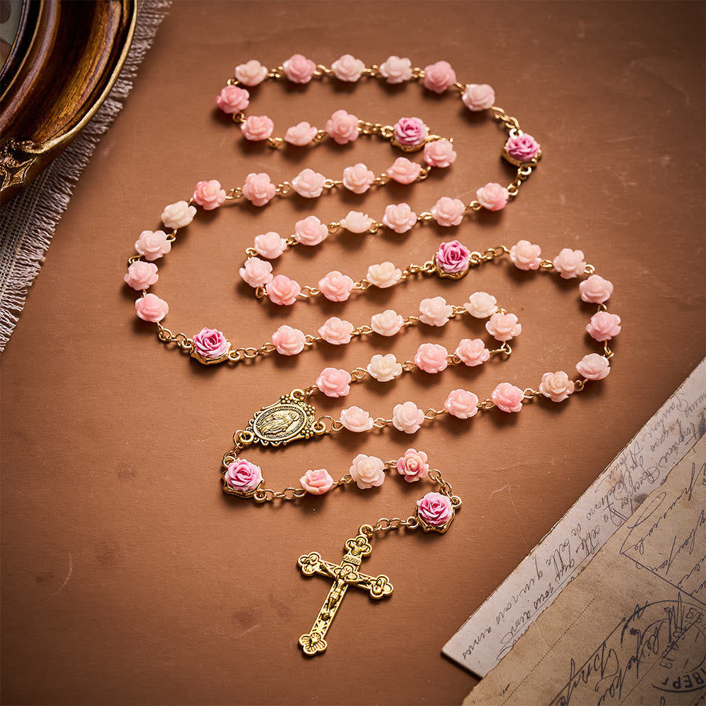 Solacebeads Carved Rose Artistic Rosary: Gentle Devotion With Miraculous Medal & Crucifix