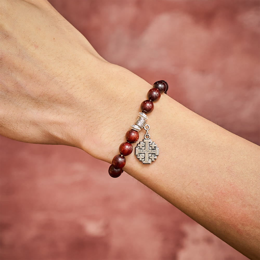 Solacebeads Rosewood Faith Rosary Bracelet: Rooted In Serenity - With Silver Jerusalem Cross Charm