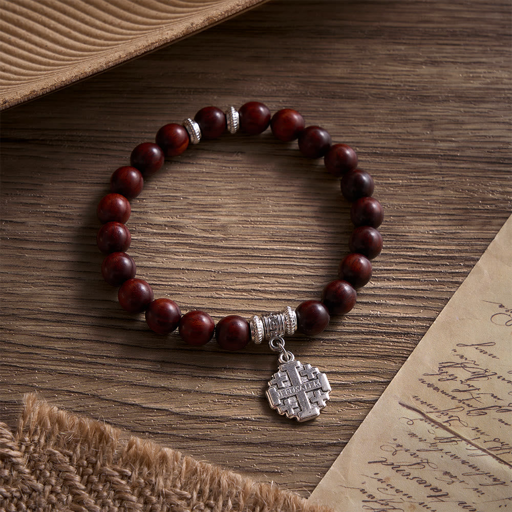 Solacebeads Rosewood Faith Rosary Bracelet: Rooted In Serenity - With Silver Jerusalem Cross Charm
