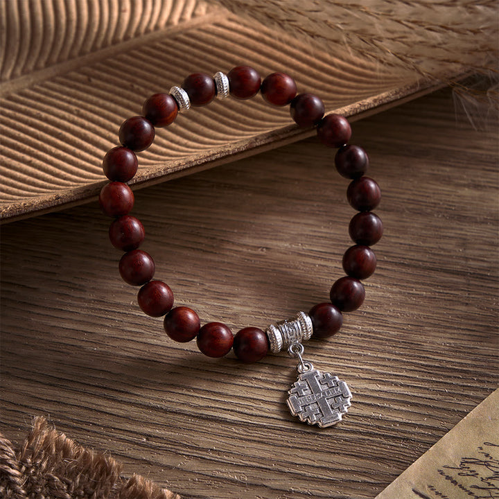Solacebeads Rosewood Faith Rosary Bracelet: Rooted In Serenity - With Silver Jerusalem Cross Charm