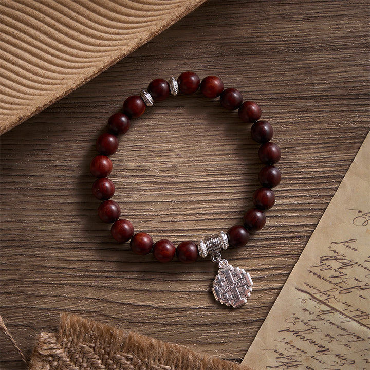 Solacebeads Rosewood Faith Rosary Bracelet: Rooted In Serenity - With Silver Jerusalem Cross Charm
