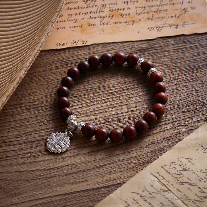 Solacebeads Rosewood Faith Rosary Bracelet: Rooted In Serenity - With Silver Jerusalem Cross Charm
