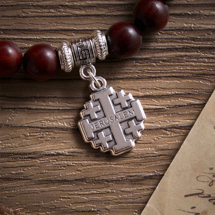 Solacebeads Rosewood Faith Rosary Bracelet: Rooted In Serenity - With Silver Jerusalem Cross Charm