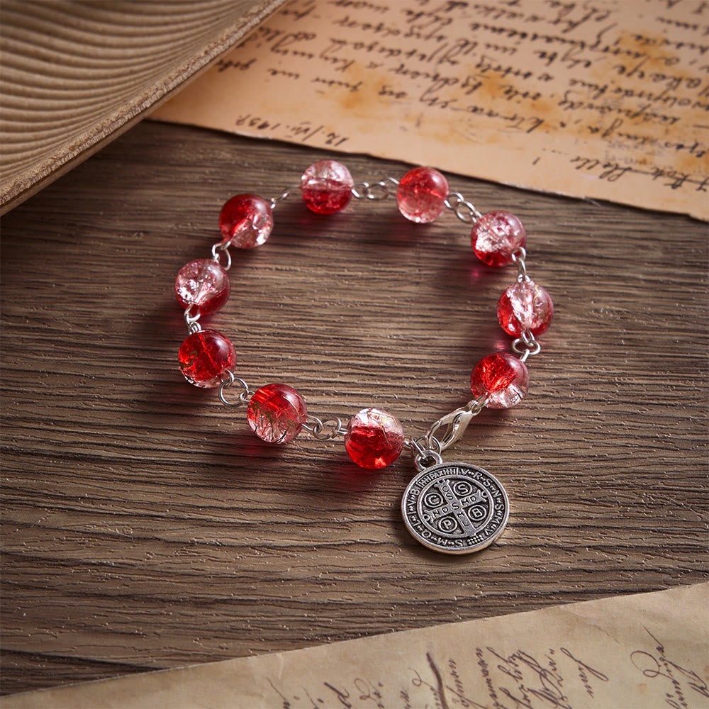 SolaceBeads Red Glass Bead Bracelet With Vintage Benedict Metal Charm: Vibrant Courage
