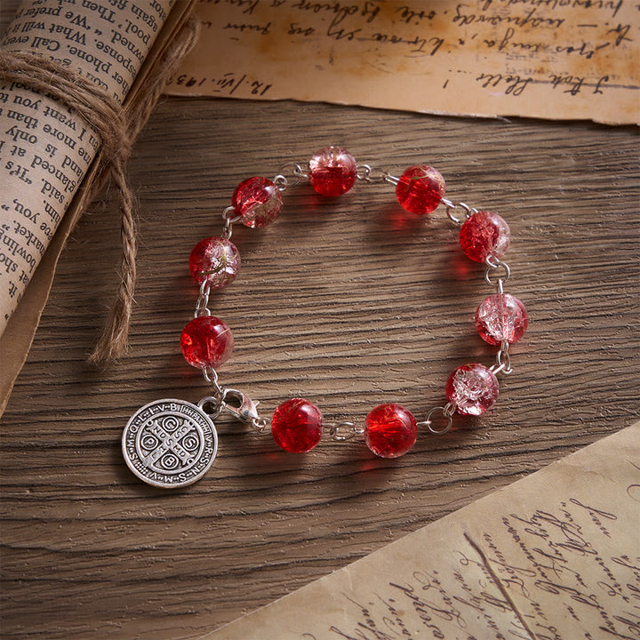 SolaceBeads Red Glass Bead Bracelet With Vintage Benedict Metal Charm: Vibrant Courage