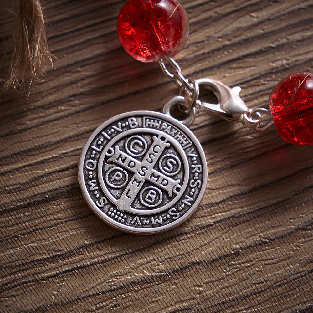 SolaceBeads Red Glass Bead Bracelet With Vintage Benedict Metal Charm: Vibrant Courage