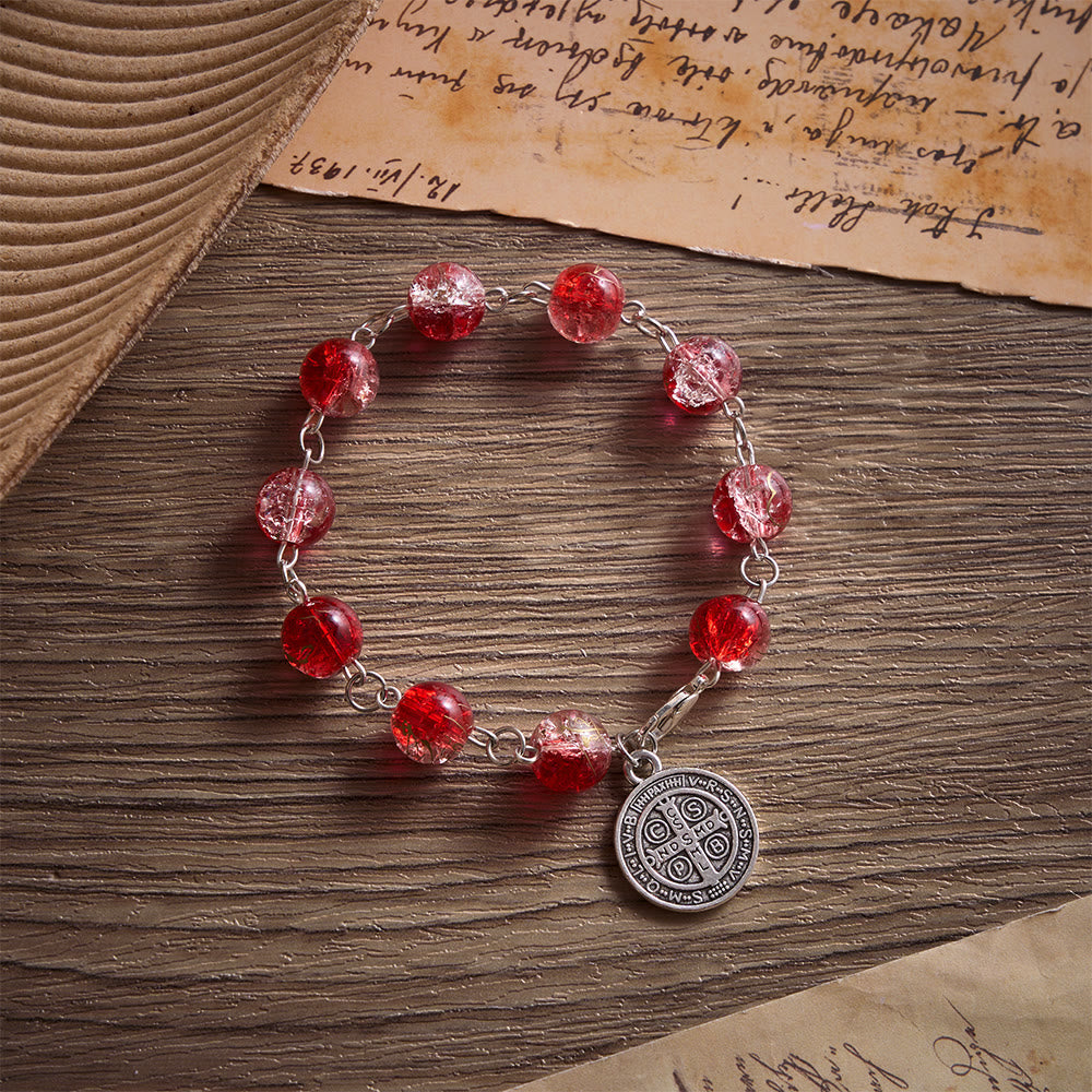 SolaceBeads Red Glass Bead Bracelet With Vintage Benedict Metal Charm: Vibrant Courage