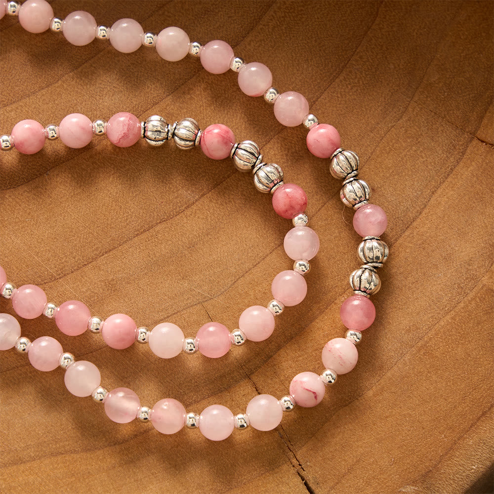 SolaceBeads Handcrafted Pink Stone Rosary Bracelet, Silver Beaded Spacers &amp; Crystal-Encrusted Cross