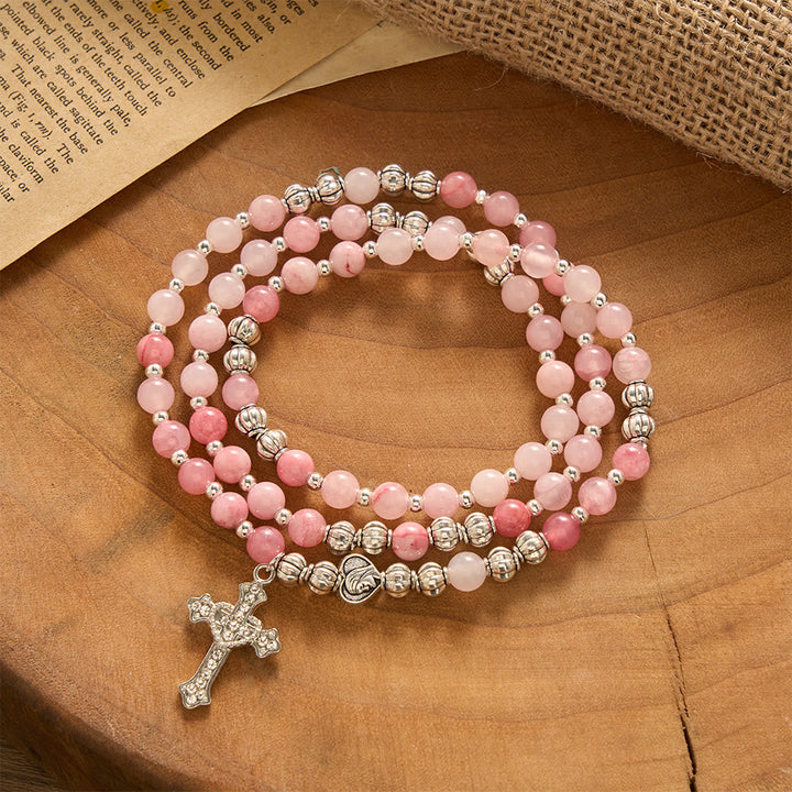 SolaceBeads Handcrafted Pink Stone Rosary Bracelet, Silver Beaded Spacers &amp; Crystal-Encrusted Cross