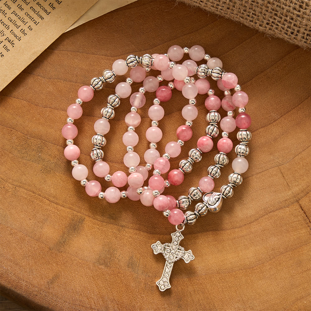 SolaceBeads Handcrafted Pink Stone Rosary Bracelet, Silver Beaded Spacers &amp; Crystal-Encrusted Cross