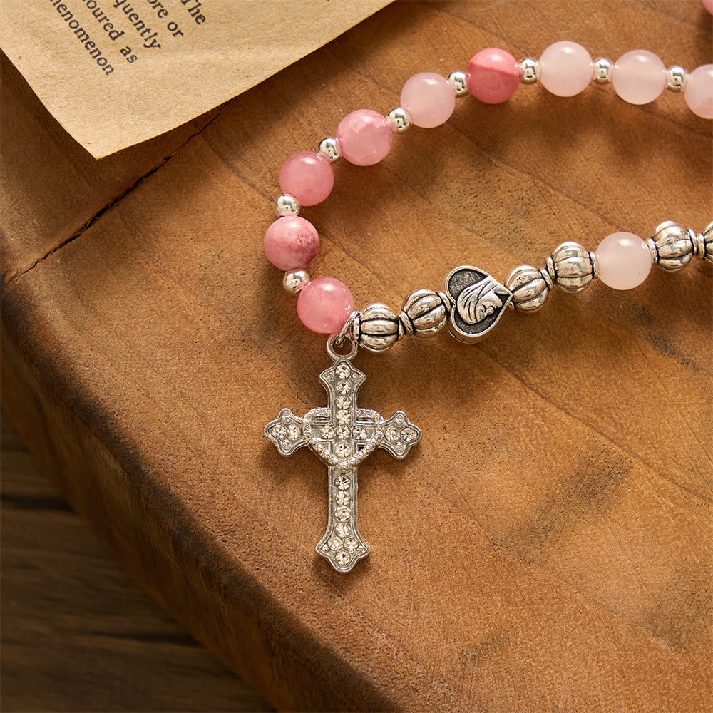 SolaceBeads Handcrafted Pink Stone Rosary Bracelet, Silver Beaded Spacers &amp; Crystal-Encrusted Cross