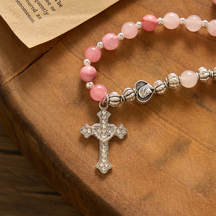 SolaceBeads Handcrafted Pink Stone Rosary Bracelet, Silver Beaded Spacers &amp; Crystal-Encrusted Cross