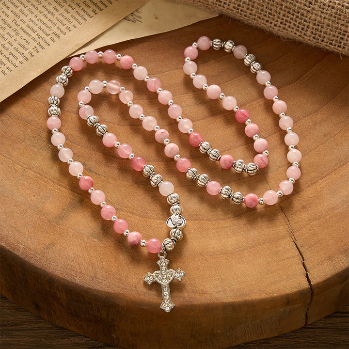 SolaceBeads Handcrafted Pink Stone Rosary Bracelet, Silver Beaded Spacers &amp; Crystal-Encrusted Cross