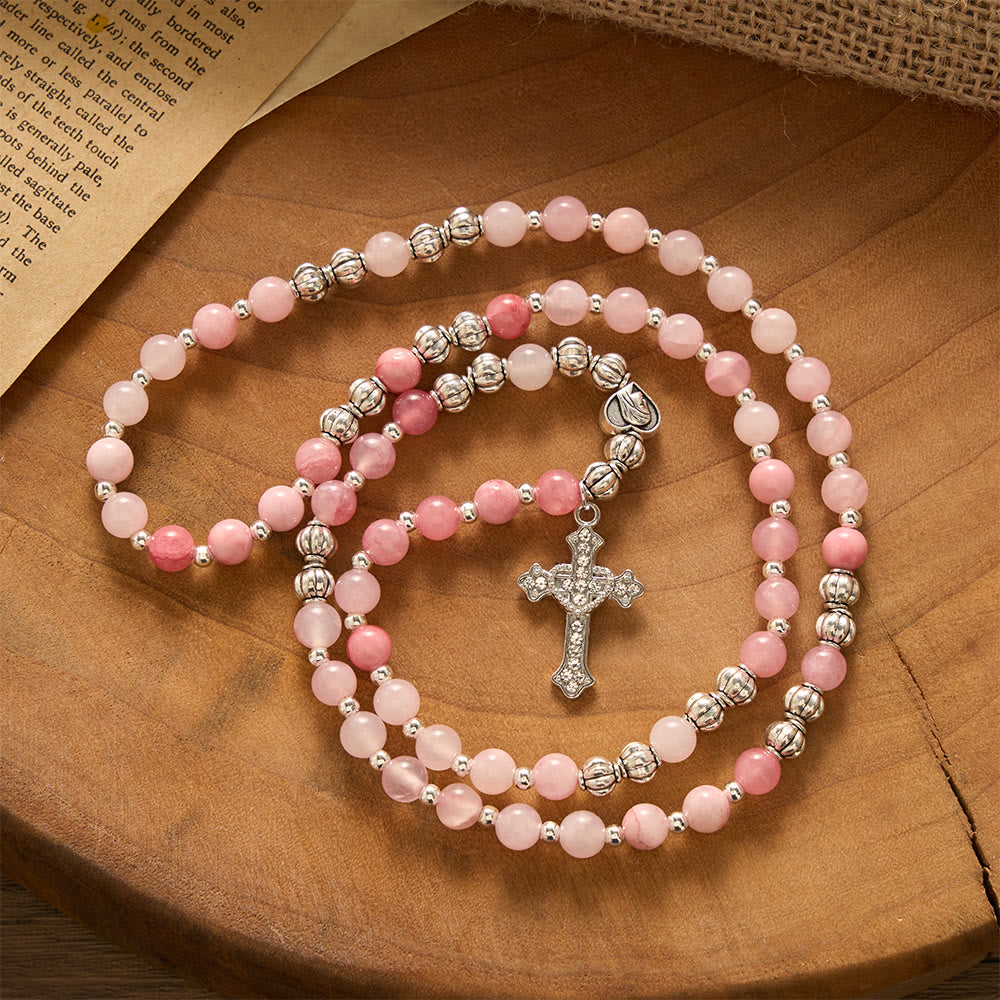 SolaceBeads Handcrafted Pink Stone Rosary Bracelet, Silver Beaded Spacers &amp; Crystal-Encrusted Cross