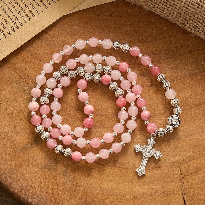 SolaceBeads Handcrafted Pink Stone Rosary Bracelet, Silver Beaded Spacers &amp; Crystal-Encrusted Cross
