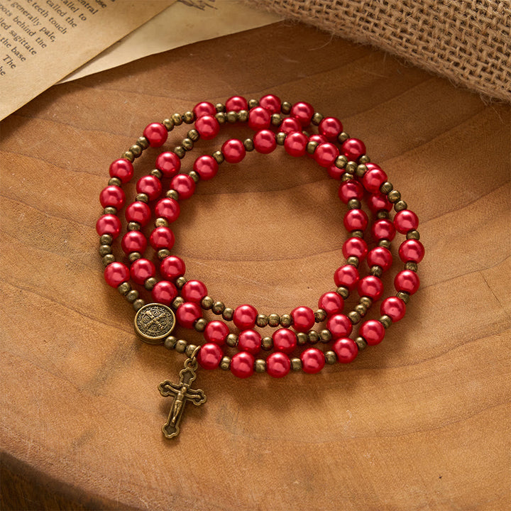 SolaceBeads Bold Crimson Rosary Bracelet With Antique Bronze Benedict Emblems: Rooted in Quiet Strength