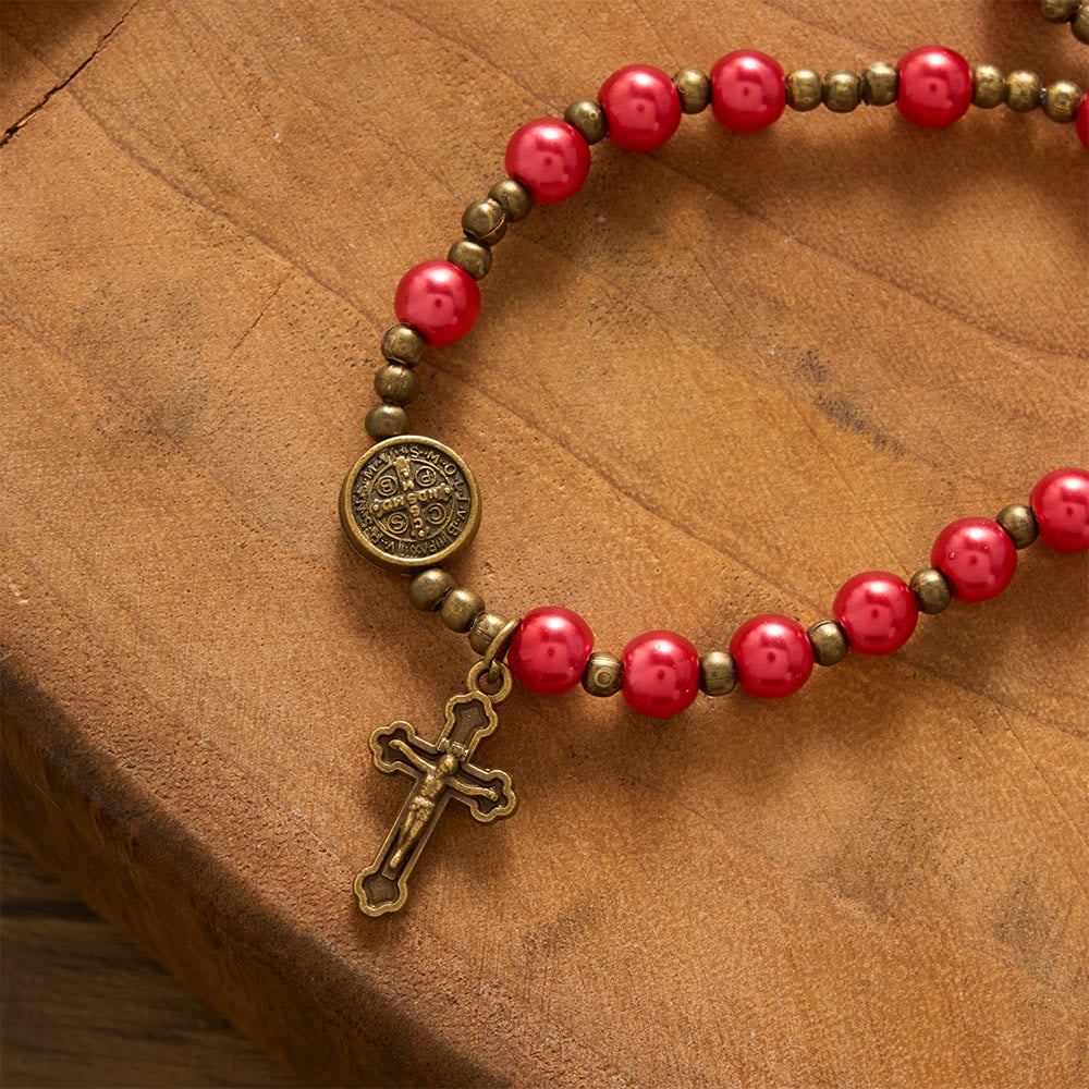 SolaceBeads Bold Crimson Rosary Bracelet With Antique Bronze Benedict Emblems: Rooted in Quiet Strength