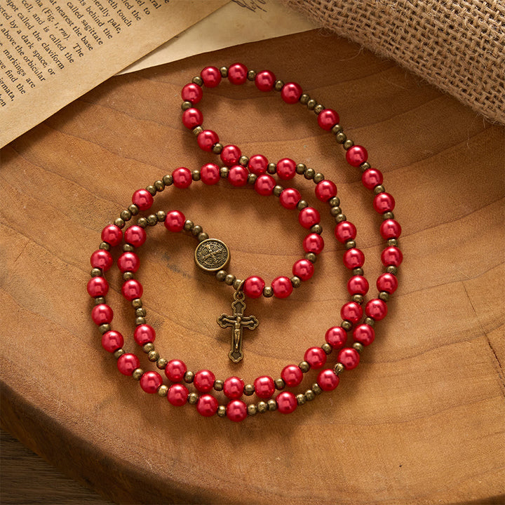 SolaceBeads Bold Crimson Rosary Bracelet With Antique Bronze Benedict Emblems: Rooted in Quiet Strength