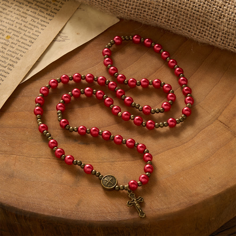 SolaceBeads Bold Crimson Rosary Bracelet With Antique Bronze Benedict Emblems: Rooted in Quiet Strength