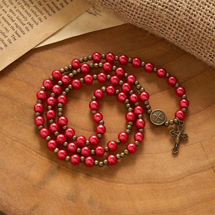 SolaceBeads Bold Crimson Rosary Bracelet With Antique Bronze Benedict Emblems: Rooted in Quiet Strength