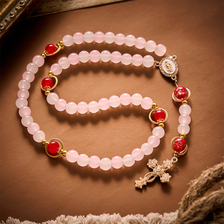 SolaceBeads Artistic Pink &amp; White Beaded Rosary: A Fusion of Colors &amp; Sacred Symbols