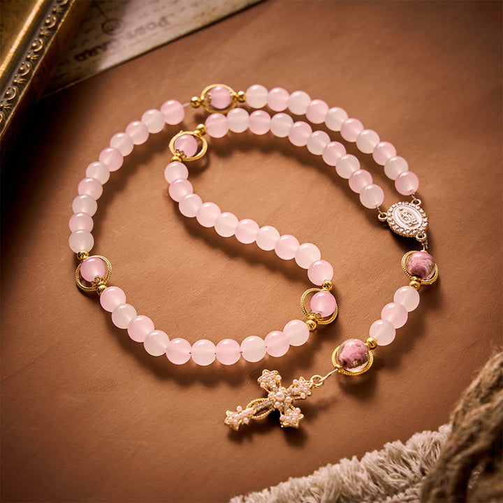 SolaceBeads Artistic Pink &amp; White Beaded Rosary: A Fusion of Colors &amp; Sacred Symbols