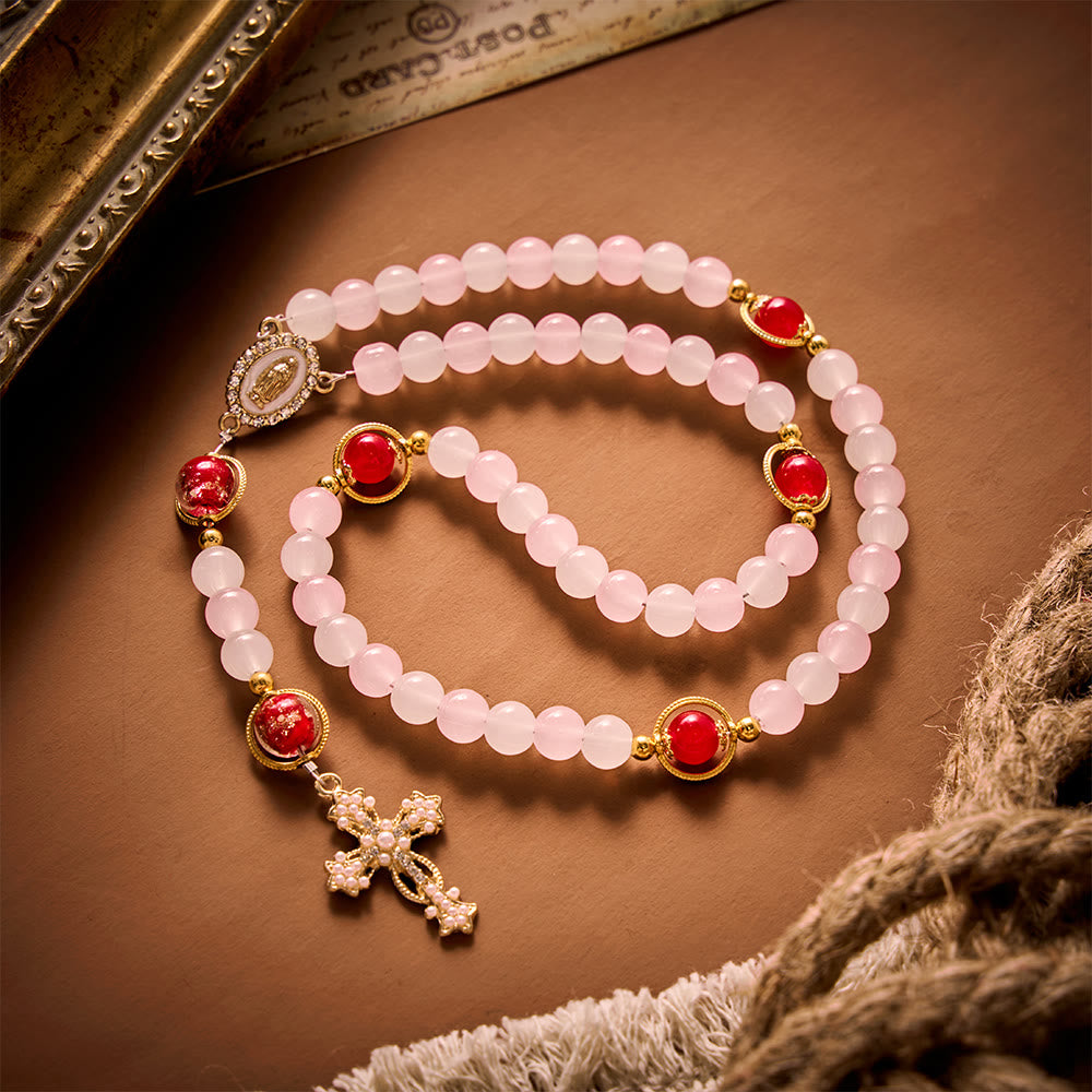 SolaceBeads Artistic Pink &amp; White Beaded Rosary: A Fusion of Colors &amp; Sacred Symbols