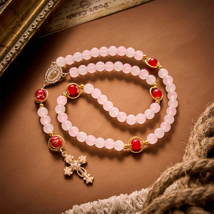 SolaceBeads Artistic Pink &amp; White Beaded Rosary: A Fusion of Colors &amp; Sacred Symbols