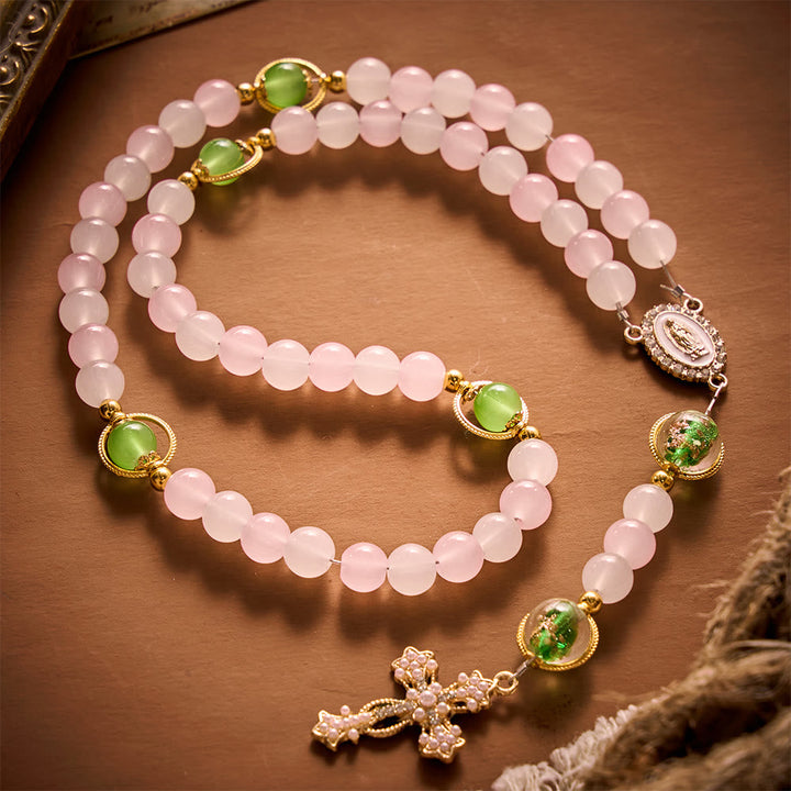SolaceBeads Artistic Pink &amp; White Beaded Rosary: A Fusion of Colors &amp; Sacred Symbols